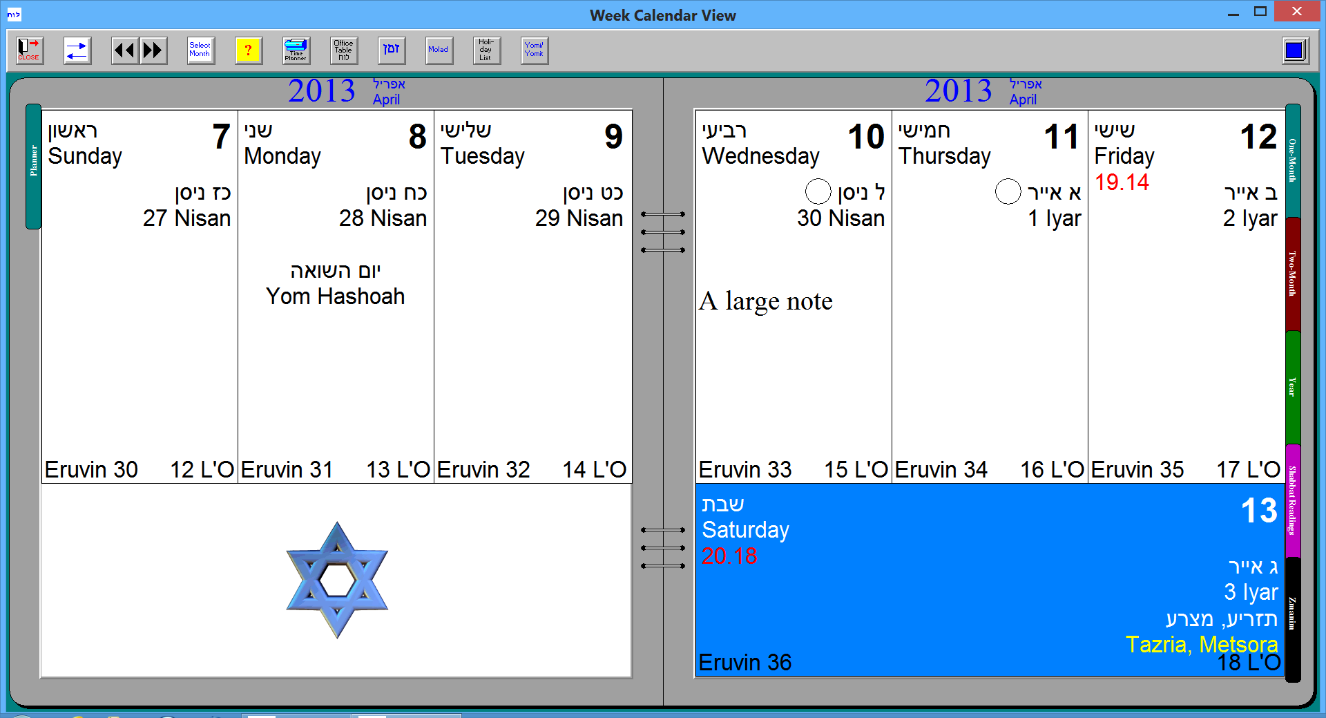 Week calendar with large text